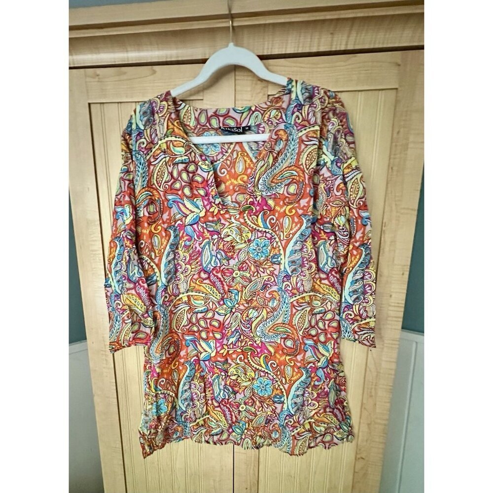 Kikisol Blouse Shirt Womens Medium Colorful Floral‎ Tunic Cover Up Coastal Beach